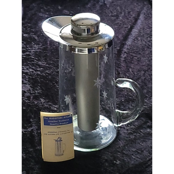 Monogram of Evanston Other - Vtg MCM Frigidtube Atomic Starburst Pitcher Etched Glass Ice Hand Blown Carafe